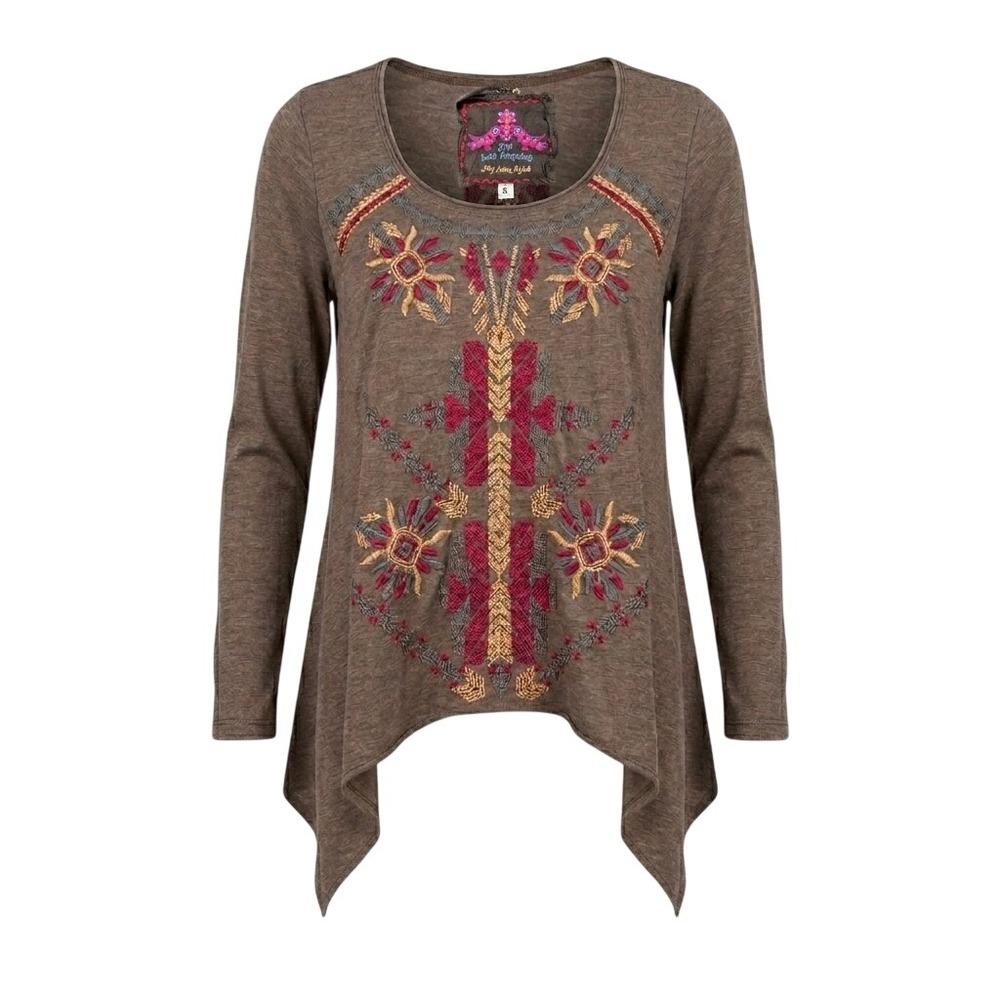 JW Los Angeles Johnny Was SMALL Brown Embroidered Sharkbite Hem Shirt - AC